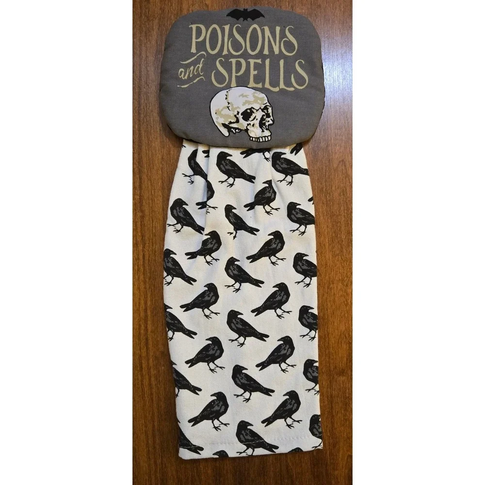 Halloween Poisons and Spells Skull Raven Hanging Kitchen Towels Set of 2 Black